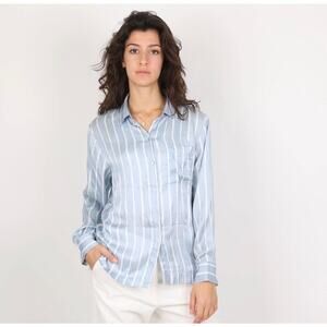 ASCENO London Silk Pajama Loungewear Button Down Shirt Dust Blue Stripe Small